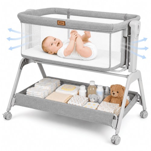 Baby Bassinet, Neche 3-in-1 Baby Bassinet Bedside Sleeper with Rocking and Adjustable Height, Storage Basket, Wheels, for 0-24 Months, Grey