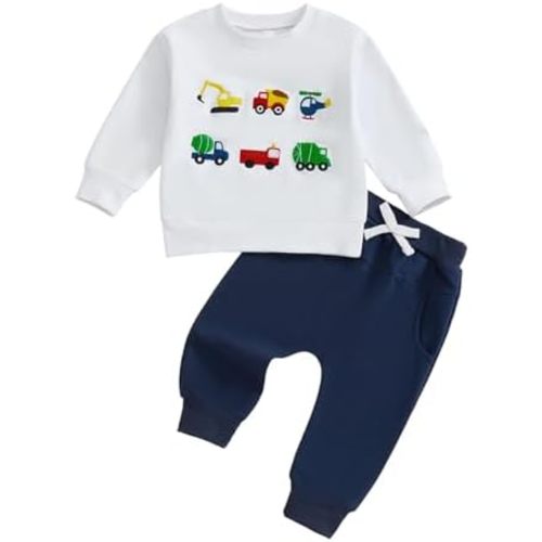 Kupretty Toddler Baby Boy Fall Winter Clothes Embroidery Trucks Sweatshirt Pullovers Pants Outfit Set 12 18 24 Months 2T 3T