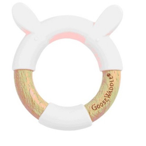 GooseWaddle Circle Animal Head Silicone + Wood Teether Pink Rabbit 4+ Months