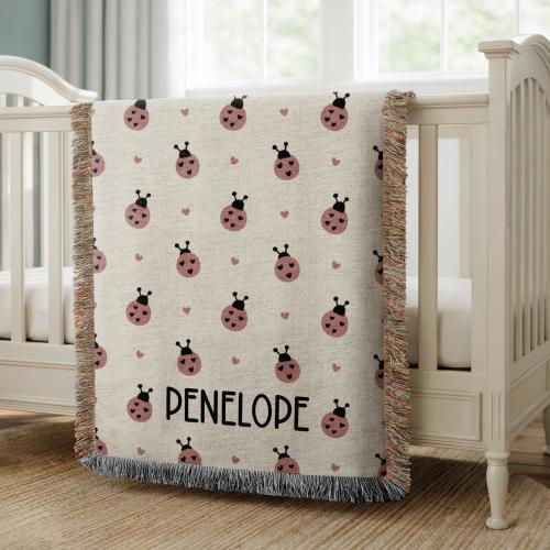 Personalized Ladybug Woven Baby Blanket, Little Lady Baby Shower Gift for Girl, Love Bug Coquette Nursery Decor, Custom Name Crib Bedding