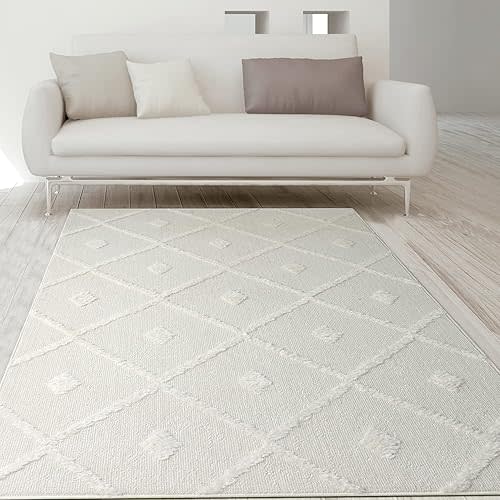 Antep Rugs Palafito 8x10 Geometric Shag Diamond High-Low Pile Textured Indoor Area Rug (White, 7'10" x 10')