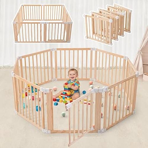 Foldable Wooden Playpen-61"x61"x25"-Large Baby Gate Playpen with Child-Proof Lock-Easy Assembly, Portable Design for Babies & Toddlers- Shape& Size Adjustable Baby Fence Play Area(Wood, 8 Panel)