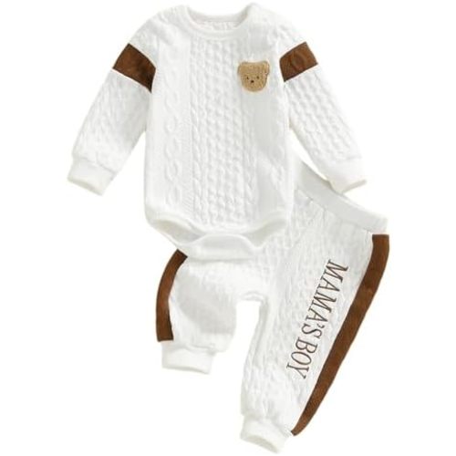 Kayotuas Newborn Baby Boy Outfit Mamas Boy Baby Clothes Cute Bear Embroidery Long Sleeve Romper Pant Set Fall Winter Clothing