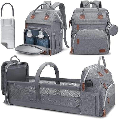 DERJUNSTAR Diaper Bag Backpack – Large Capacity Baby Diaper Bag with Changing Pad, Waterproof Travel Backpack for Boys & Girls, Multi-Function Baby Bag with USB Charging Port, Grey