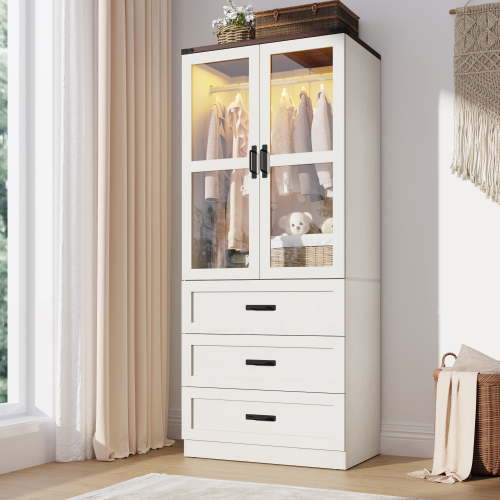 2 Doors Armoire Wardrobe Closet with 3 Drawer & Glass Doors & LED Light, 75"H Wardrobe Closet Clothing Organizer with Hanging Rail for Bedroom