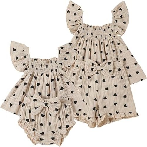 Sister Matching Outfits Toddler Baby Girl Summer Clothes Ruffle Tops with Bow Bloomers Shorts Set