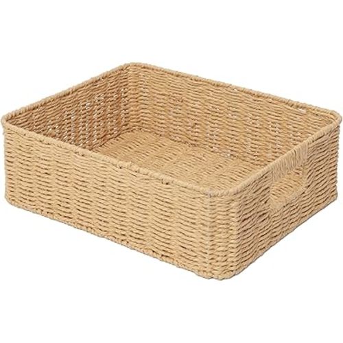 Drawer basket Handwoven Paper Rope Rectangular Shallow Basket Storage-15.35X12.01X4.72 Inches (Light brown)