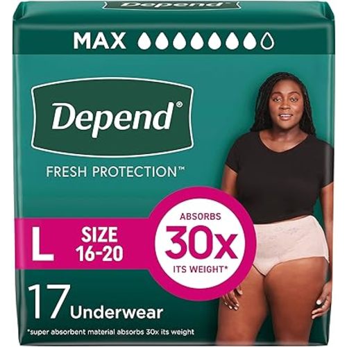 Depend Fresh Protection Adult Diapers, Incontinence & Postpartum Bladder Leak Underwear for Women, Disposable, Maximum, Large, Blush, 17 Count, Packaging May Vary