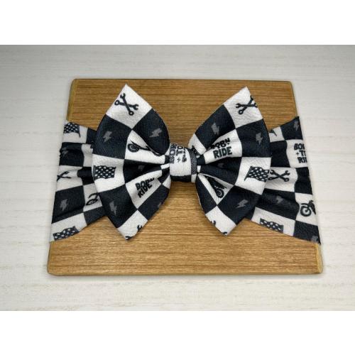 Black Checkered Motocross Dirt Bike Baby Girl Hair Bow and Headwrap| Liverpool Fabric