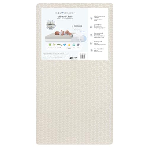Delta Children BreatheClear Breathable Crib Mattress and Toddler Mattress | Dual-Sided Waterproof Baby Mattress with Washable Cover, Cloud Core, GREENGUARD Gold Certified, Standard Crib Mattress