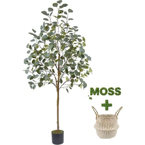 Warmplants Artificial Eucalyptus Tree, 5ft Tall Mordern Fake Eucalyptus Plant with Basket, Green Silk Leaves Perfect Faux Trees for Home Office Livingroom Floor Decor Indoor Outdoor