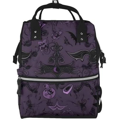 Diaper Bag Nappy Backpack Baby Bag Purple Black Goth Spooky Mummy Backpack Multifunction Changing Bags for Travel, Purple Black Goth Spooky, One Size