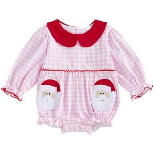 FOMOYUU Newborn Baby Girl Christmas Xmas Gingham Plaid Romper Long Sleeve Doll Collar Santa Claus Embroidery Jumpsuit Fall
