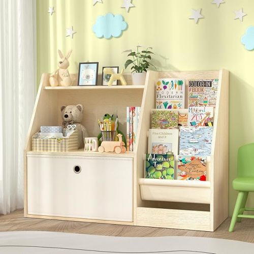 TOETOL Kids Bookshelf & Book Storage，4 Sling Wooden Toddler Book Shelf，2-Tier Wooden Open Bookcase & Storage Organizer Boxes for Nursery, Playroom, Bedroom
