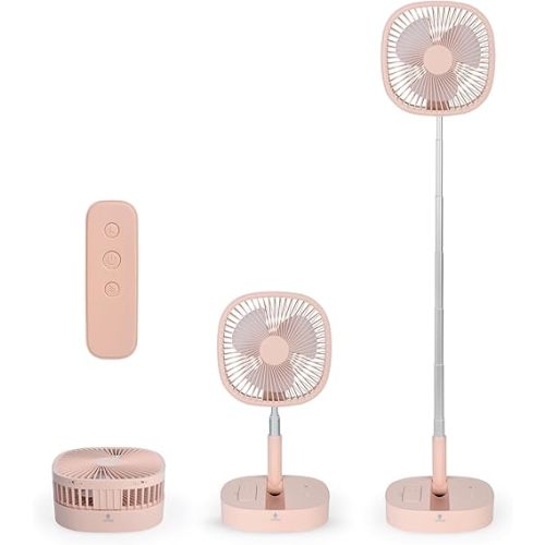 Magesh Portable Pedestal Fan - Foldaway Standing Fan Foldable Desk Fan, Use 7200Mah Rechargeable Battery, Remote Control Telescopic 4 Speed Quiet Timer Fan for Home Kitchen Outdoor Camping (Pink)