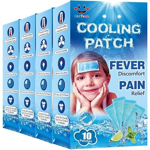 40 Sheets EasYeah Cooling Patches for Fever Discomfort & Pain Relief, Cooling Relief Fever Reducer, Soothe Headache Pain, 10 Count Per Box (4 Boxes)