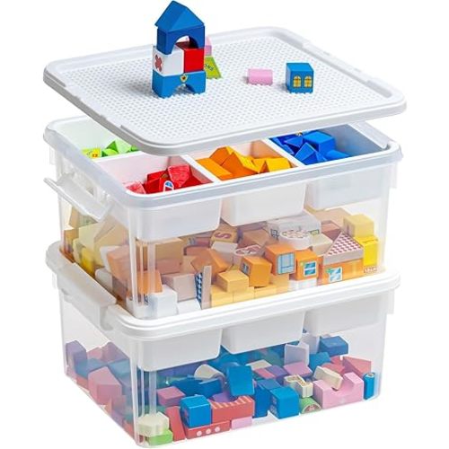 Citylife 17 QT Storage Box with LEGO Building Baseplate Lid and Removable Tray- set of 2
