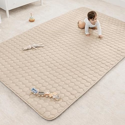 Comfy Cubs Rectangle Kids Play Mat - Large 60 x 96 inches Soft Quilted Baby Floor Mat with Non-Slip Bottom - Plush Design for Toddlers' Playtime- Comfortable and Durable - Sand