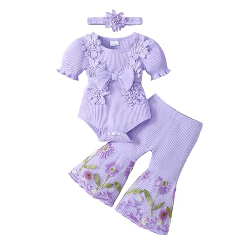 Newborn Baby Girl Clothes Infant Summer Bell Bottoms Outfits Puff Sleeve Romper Mesh Flare Pants Sets Headband