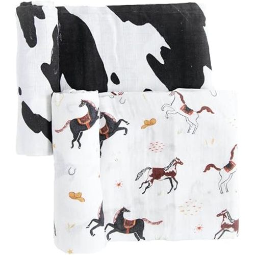 RED ROVR Organic Cotton Swaddle | Newborn Receiving Blanket | Baby Wrap | Boy, Girl, Unisex | Soft, Lightweight, Breathable | Burping, Nursing | 2-Pack | 44" x 44" | Howdy Horse