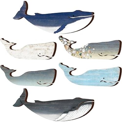 Wesiti 6 Pcs 13.8 Inch Large Wooden Whale Wall Decor Bulk Nautical Coastal Theme Ocean Fish Hanging Decor Rustic Vintage Whale Wall Pediment Ornaments with Screws for Housewarming Living Room Bathroom