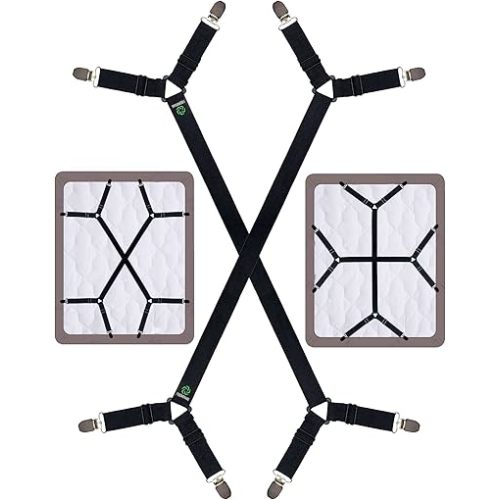 Bed Sheet Straps - Crisscross Fitted Sheet Clips and Sheet Holder Elastic Bands Bedsheet Fasten Suspenders Grippers, 2Pcs/Set Black