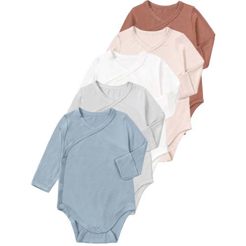 SXIMEE Rayon Made From Bamboo Material Unisex Baby Long Sleeve Side-snap Kimono Bodysuits with Mitten Cuffs for Newborn Infant