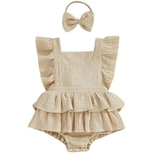 Thorn Tree Baby Girl Summer Clothes Newborn Outfit Ruffle Romper Infant Baby Dress Bow Headband Solid Cute Outfits Girls