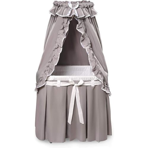 Badger Basket Majesty Canopy Bassinet - Rocking Baby Cradle with Mattress, Bedding Set, Storage Shelf, Caster Wheels, and Draped Canopy - Oval Nursery Sleeper - Gray/White