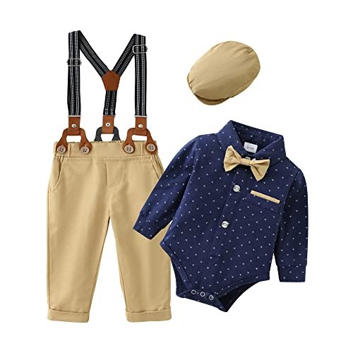ZOEREA Baby Boy Suit 0-24M Gentleman Outfit Clothes Set Infant Long Sleeve Dress Shirt+Suspender Pants+Bowtie+Beret Hat
