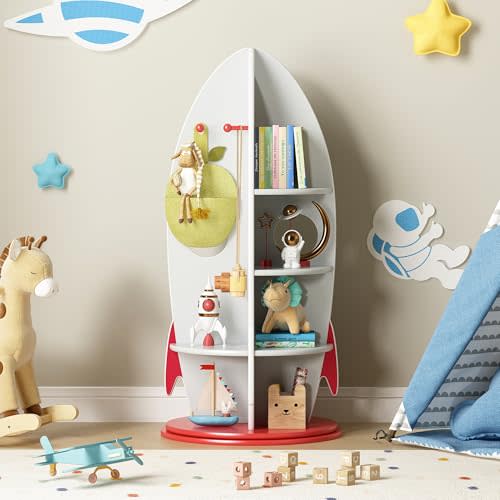 BVIUNTWO Kids Rocket Bookshelf, 360 Rotating Toy Storage Organizer, Multi-Tier Children's Bookcase with Hooks for Playroom & Nursery, Space-Themed Corner Display Shelf for Toddlers, Boys & Girls
