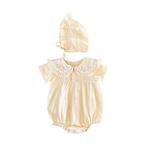 Princess Floral Newborn Baby Girls Bodysuits Cotton Summer Short Sleeve Girls Clothing Cute with Hat