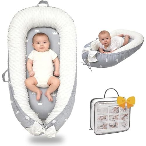 Infant Support Cushion-Breathable and Soft Organic 100% Cotton, Portable Tummy Time Mat with Removable Support Cushion Cover, Floor Baby Support Cushion for Newborn - Grey Crown