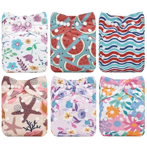 ALVABABY 6 Pack Cloth Diaper with 12 Inserts One Size Adjustable Washable Reusable Diaper Cover for Baby Girls and Boys
