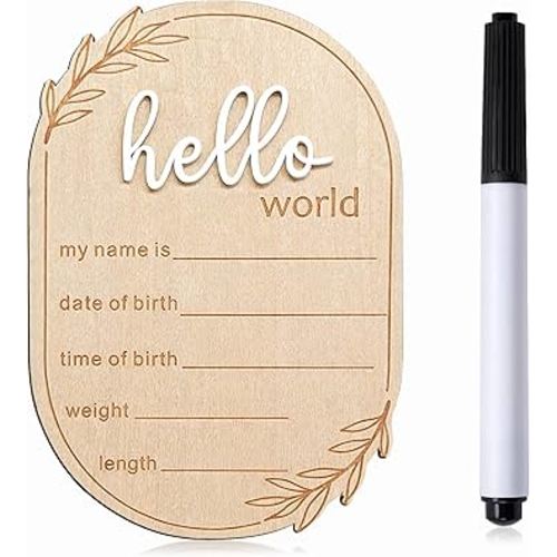 Baby Announcement Sign, 5.9x4.1 Inch Wooden Hello World Newborn Signs Birth Babys Name Plaques Birth Announcement Sign for Newborn Boys and Girls Photo Prop Baby Shower Hospital Nursery Gift