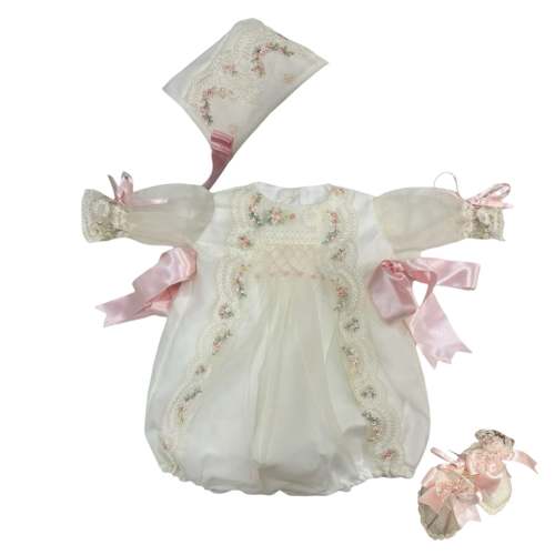 MADE TO ORDER Aida Long Sleeve Handsmocked Pink Rose Romper 3-piece set