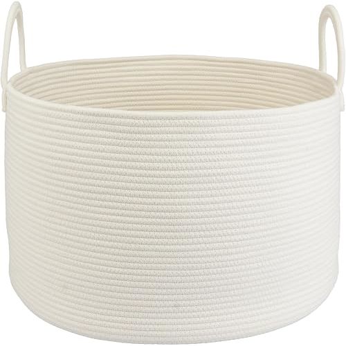 XUANGUO 66L Large Blanket Basket, Round Cotton Rope Basket, White