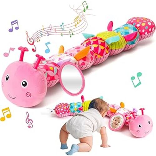 Baby Toys 0-6 Months, Musical Caterpillar Plush Toy with Rattles,Crinkle Sound, Mirror, Newborn Sensory Toys for Infants Developmental Stuffed Animal with Tummy Time for Boys Girls 6-12 Month (Pink)