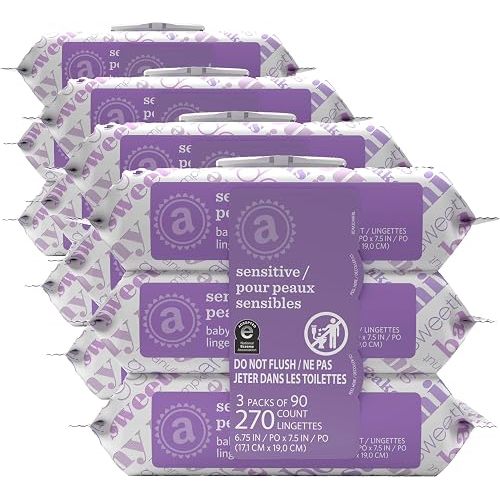 Amazon Elements Baby Wipes, Sensitive, Unscented, Cleans Gently, 270 Count, Flip-Top Packs, Pack of 12