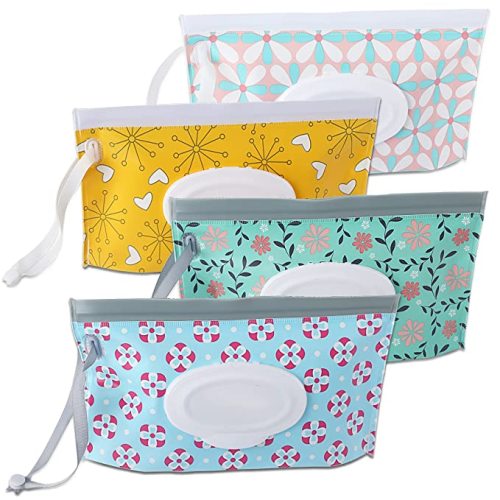 FEBSNOW 4 Pack Baby Wipe Dispenser, Portable Refillable Wipe Holder, Baby Wipes Container, Wipe Dispenser, Reusable Travel Wet Wipe Pouch (Geometric)