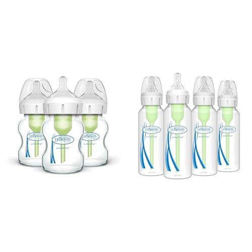 Dr. Brown's Natural Flow Anti-Colic Options+ Wide-Neck Glass Baby Bottles 5 oz/150 mL & Natural Flow® Anti-Colic Options+™ Narrow Baby Bottles 8 oz/250 mL, with Level 1 Slow Flow Nipple, 4 Pack, 0m+