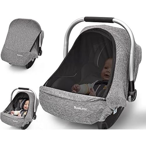 Baby Car Seat Cover, Large Mesh Window, Breathable Fabric, Infant Windproof Canopy, Universal Fit CarSeat Covers for Babies, Machine Washable, Gray