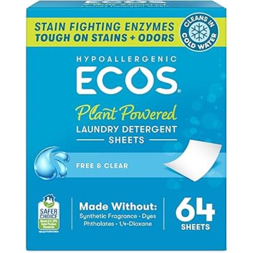 ECOS Laundry Detergent Sheets Vegan, No Plastic Jug, No Mess & Liquid Free - Hypoallergenic, Plant Powered Laundry Detergent Sheet - Free and Clear - 64 Count (Pack of 1)