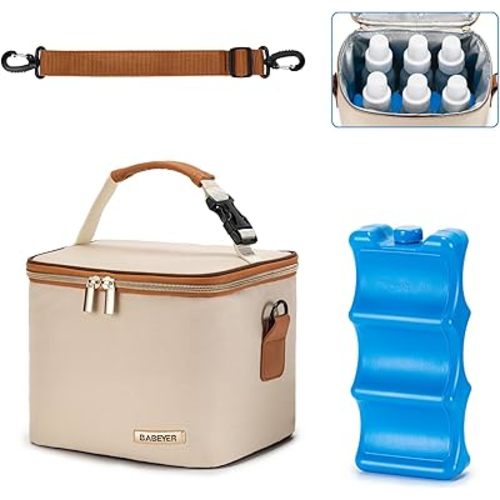 Breastmilk Cooler Bag with Ice Pack Fits 6 Baby Bottles Up to 5 Ounce, Baby Bottle Bag with Shoulder Strap for Nursing Mom Daycare, Cream