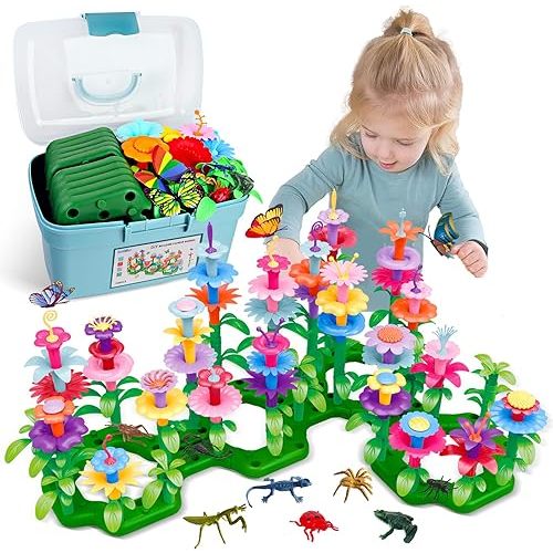 Birthday Toys Gifts for 2 3 4 5 6 Years Old Toddler Girls Boys, 156 PCS Insect Flower Garden Building Educational STEM Learning Pretend Play Gardening Set, Easter Gifts for Preschool Kids Age 2+
