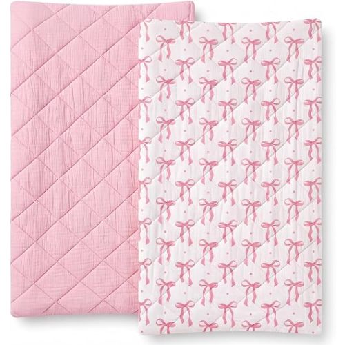 Frienda 2 Pack Pink Changing Pad Covers Waterproof Pink Bow Muslin Changing Pad Covers 32 x 16 Inch Coquette Quilted Cotton Fitted Diaper Sheet Breathable Extra Thick Sheets for Girls