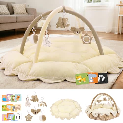 5-in-1 Baby Activity Gym & Play Mat with 6 Hanging Toys, Tummy Time Mat & Cards - Extra Large, Reversible Machine Washable Pad - Gift for Newborns, Infants 0-12 Months, Cream