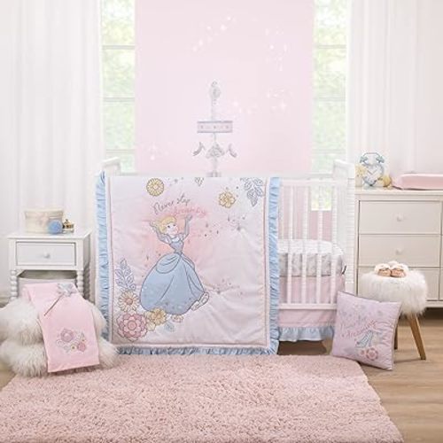 NoJo Disney Sweet Princess Light Blue, Pink, and White Cinderella 3 Piece Nursery Crib Bedding Set - Comforter, 100% Cotton Fitted Crib Sheet and Crib Skirt