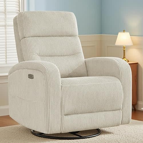 BaseBeauty Power Recliner Glider for Nursery, Electric Swivel Rocker Recliner Chair with USB, Comfy Recliner Chairs for Living Room, Bedroom, Bedroom, Corduroy Camel