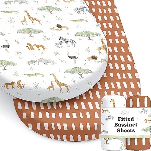 Baby Bassinet Sheets for Boy, Girl (Safari Adventures) 2-Pack - Fitted Bedside Bassinet Sheets - Buttery Soft Cotton Blend for Standard Mattress Pad